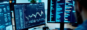 Monitors showing data analysis charts and code.